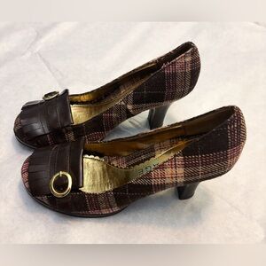Revolve Plaid Brown Heeled 3 inch Pumps Fringe Buckle 7.5M